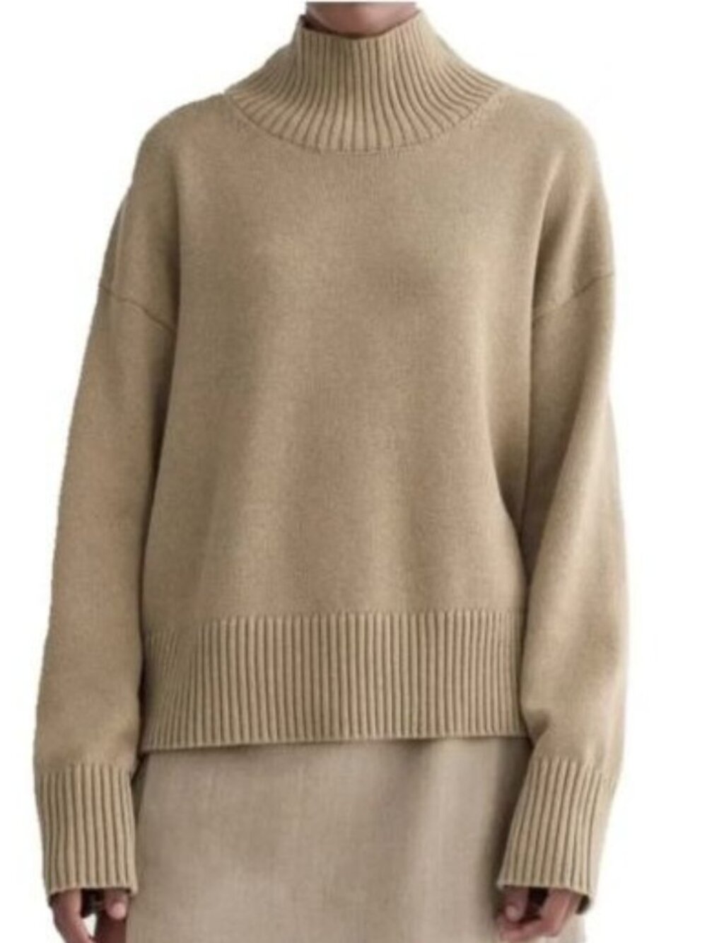 EVERLANE Sweater Size Large Organic Cotton Camel Tan Rib Knit Mock Neck Pullover